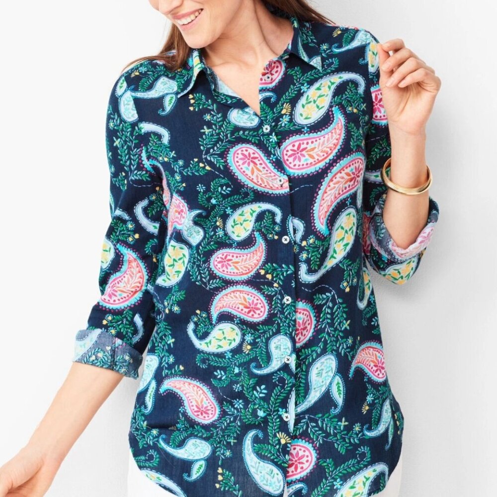Talbots Sz 1XP Navy Paisley Print Long Sleeve‎ Button Down Gauzy Cotton Shirt